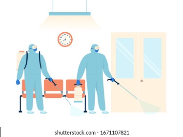 Workers in protective special clothing and medical mask sprays disinfectant for preventive against the spread of the COVID-19 the novel coronavirus in the hospital. Vector illustration.