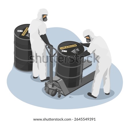 Workers in protective suits handling uranium barrels in industrial trade and hazardous material logistics scene