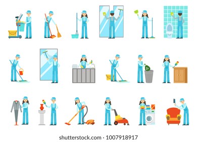 Workers Providing Cleaning Service In Blue Uniform Set Of Illustrations