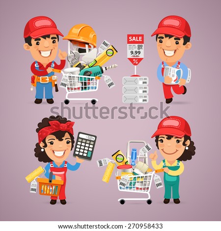 Workers Purchases Materials in DIY for Repair of Apartment. In the EPS file, each element is grouped separately.