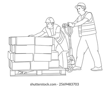 workers pushing forklift with delivering packages in storage room