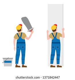 Workers put plaster, installing gypsum plasterboard panels. Vector illustration, isolated. Construction industry, repair, new home, building interior