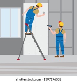 Workers put plaster on a stepladder, installing gypsum plasterboard panels in the interior. Vector illustration, isolated. Construction industry, repair, new home, building interior