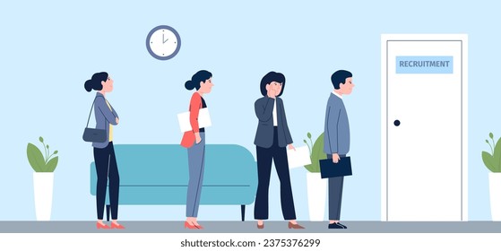 Workers in queue on job interview in corporate office. Man and women search work, professionals and human resource, vector concept