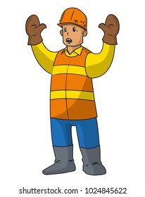 Workers raised his hands. Vector flat color illustration. Isolated on white background
