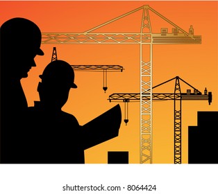 workers reading plan with cranes behind (workers one unit  - cranes on individual layers)