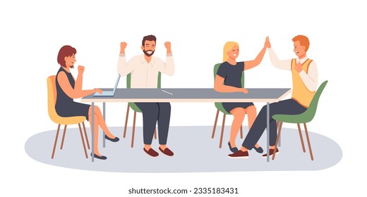 Workers rejoice, man high five to lady, female working on laptop. Successful conclusion of contract, win. Effective deal. Strategy of victory. Successful completion of group task. Flat vector
