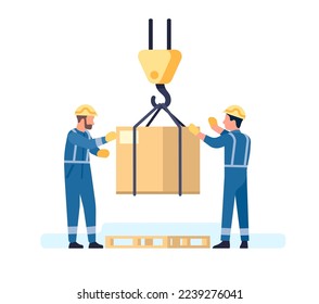 Workers remove cargo with crane. Men lifting cardboard boxes by machinery. Crates transportation. Containers hanging on hook. Warehouse workman. Industrial equipment