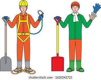 Workers removing snow and roofing. Equipment and clothes for safety
