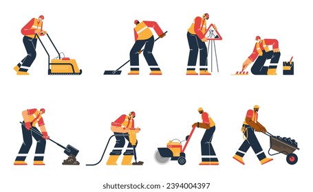 Los trabajadores reparan la superficie de la carretera de asfalto utilizando máquinas y herramientas manuales. Dibujo vectorial de dibujos animados de carreteras. Profesionales del trabajo pesado, constructores de carreteras con equipo