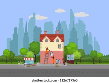 Workers repair the house