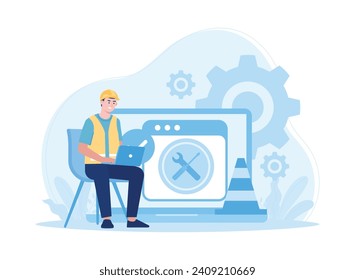 workers repair laptop errors trending concept flat illustration