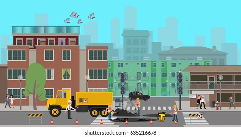 Workers repair the road at the crossroads of the city. Vector illustration, a flat style design.