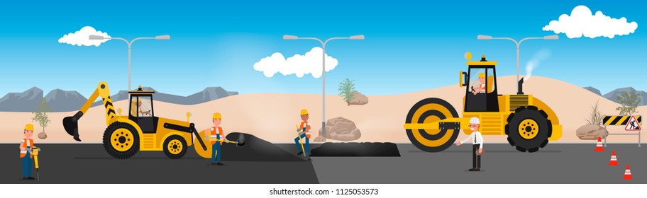 Workers Repair The Road In The Desert. Vector Illustration, Flat Style Design.