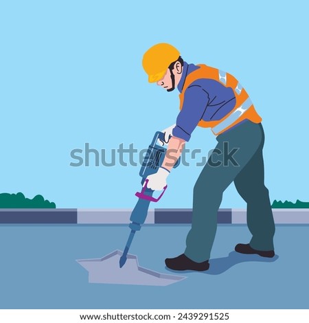 workers repair roads damaged by potholes using road demolition tools using equipment complete with helmets and safety vests