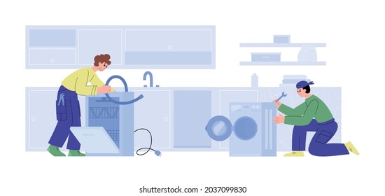 Workers Of Repair Service Fixing Or Connects Washing Machine And Dishwasher At Kitchen. Plumbers In Uniform With Repairing Equipment Works With Home Appliance. Vector Illustration.