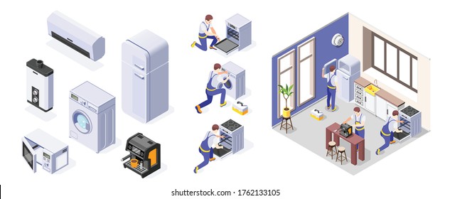 Workers repairing home appliances icons set and composition isolated on white background 3d isometric vector illustration