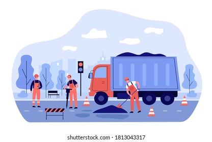 Workers repairing road. Men in overalls spreading asphalt from truck. Vector illustration for city service, blue collars, transportation concept