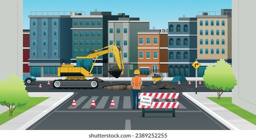 Workers are repairing roads using excavators in urban areas.