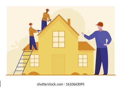 Workers repairing roof. Constructor group, roofers, foreman, house flat vector illustration. Renovation, housekeeping, improvement concept for banner, website design or landing web page