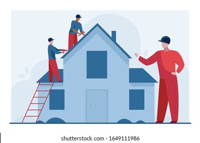 Workers repairing roof. Constructor group, roofers, foreman, house flat vector illustration. Renovation, housekeeping, improvement concept for banner, website design or landing web page