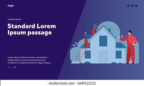 Workers repairing roof. Constructor group, roofers, foreman, house flat vector illustration. Renovation, housekeeping, improvement concept for banner, website design or landing web page