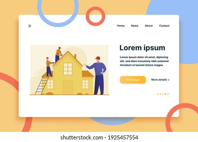 Workers repairing roof. Constructor group, roofers, foreman, house flat vector illustration. Renovation, housekeeping, improvement concept for banner, website design or landing web page