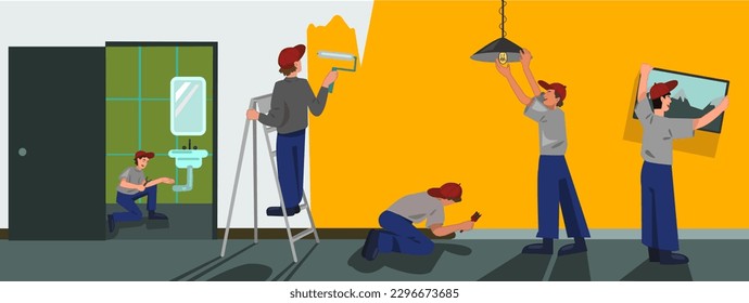 Workers repairing room interior. Painter man painting wall by roller in orange color. Plumber repair bathroom in apartment. Handyman install picture. Renovation service. Cartoon vector illustration