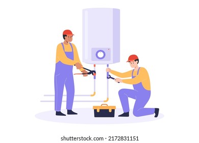 Workers repairing water heater flat vector illustration. Plumbers in overalls fixing tankless water supply or boiler in bathroom. Repair service, occupation, maintenance concept