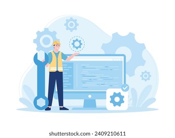 workers repairing the website  trending concept flat illustration