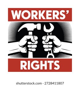 workers rights logo featuring tools and hands symbolizing labor and support