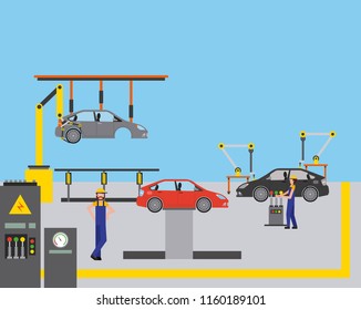 workers robot arms and assembly line automotive industry