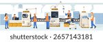 Workers and robotic arms operating machines on modern assembly line in factory interior, flat style on white background. Concept of automation. Vector illustration