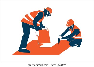 Workers roof repair and drilling. Vector illustration.