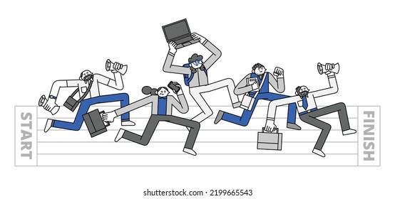 Workers Running Towards Finish Line Hand Drawn Character Illustration