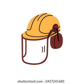 Workers safety helmet with face shield, protective mask. Industrial head protection, hardhat with visor. Hard hat with protecting screen. Flat vector illustration isolated on white background