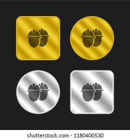 Workers with safety helmets gold and silver metallic coin logo icon design