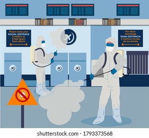 Workers sanitizing the baggage check area at the airport - new normal