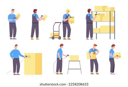 Workers scanning barcode. Warehouse and store worker with scanner check label code on shipping cargo or grocery box, scan reader stock parcel pallet, splendid vector illustration of scanner storage