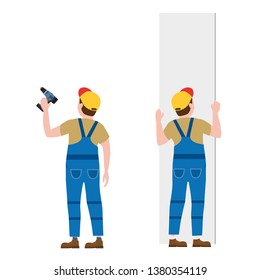 Workers, with a screwdriver, installing gypsum plasterboard panels. Vector illustration, isolated. Construction industry, repair, new home, building interior