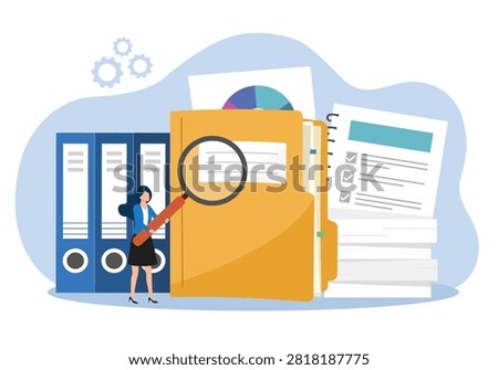 Workers searching file. employee uses magnifying glass. File binders, yellow folder with documents. File manager, data storage and indexing. Files search.