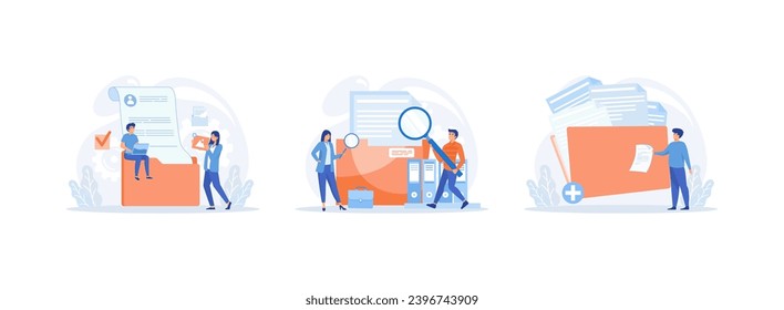 Workers searching file,  Storage and indexing of information,  data management and protection. Storage set flat vector modern illustration 