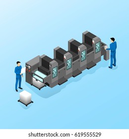 Workers serve the machine for offset printing