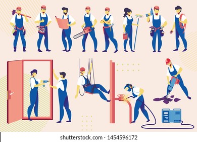 Workers Set. Construction Engineers in Robe with Building Equipment Tools. Carpenter Repairman, Builder, Home Master, Road Repair, Welder, Industrial Mountaineering Cartoon Flat Vector Illustration