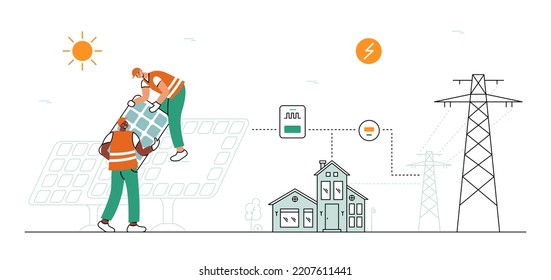 Workers set a panel at a solar power plant. Scheme of the power station. Smart and green energy.