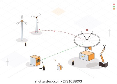 Workers set up a renewable energy system using wind turbines and a satellite dish. They connect various components to create clean power sources in a rural area.