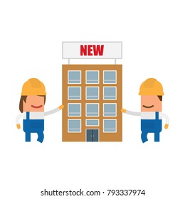 Workers showing a building, vector illustration design. Construction characters collection.