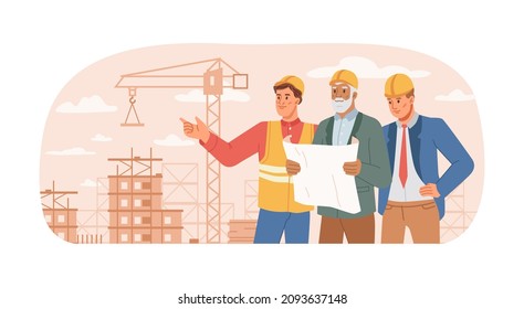 Trabajadores mostrando el progreso del contratista en el sitio de construcción, gente usando cascos mirando el esbozo o el plan. Los constructores profesionales gestionan el proceso de construcción de bienes raíces. Vector en plano