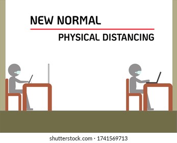 The workers sit separately and apart from each other in order to keep the distance and have a screen shield. New normal physical distancing concept.