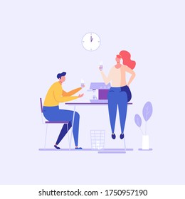 Workers sitting at desk and drinking coffee. Coffee break and lunch time in coworking office. Concept of informal conversation, talk, corporate lifestyle, workplace for web or mobile app